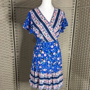 Chic Blue and Pink Floral Midi Dress